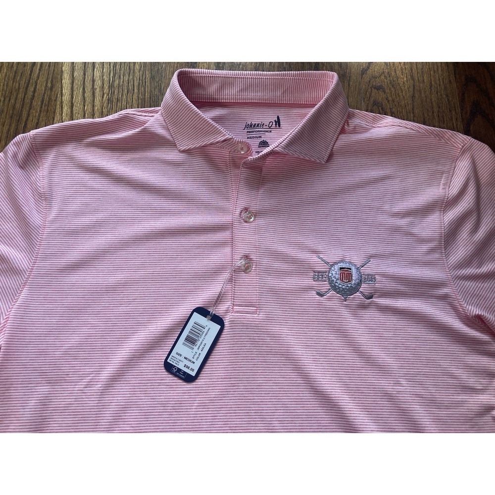 NWT Johnnie-O Polo Shirt Mens Size Medium Pink Striped Perfotmance Lyndonn Golf